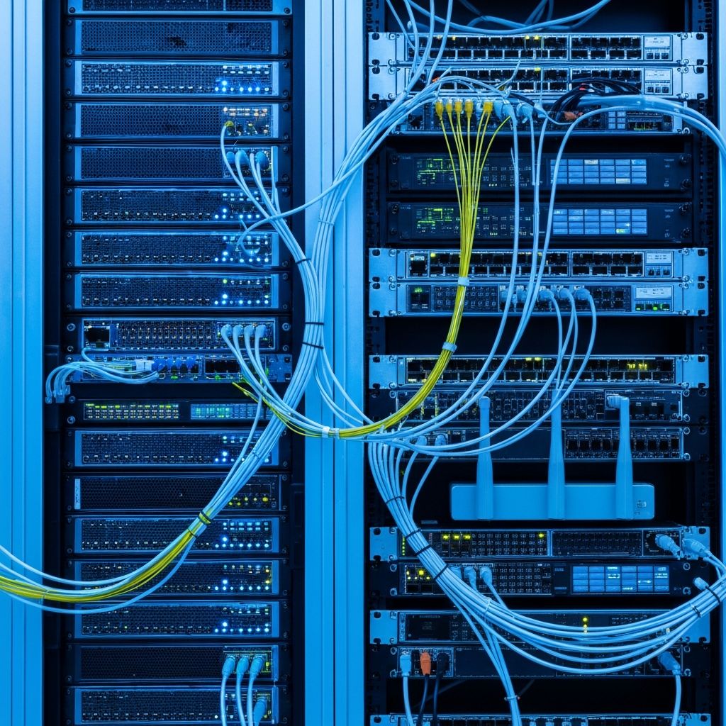 Modern data center with network server racks and fiber optic cables